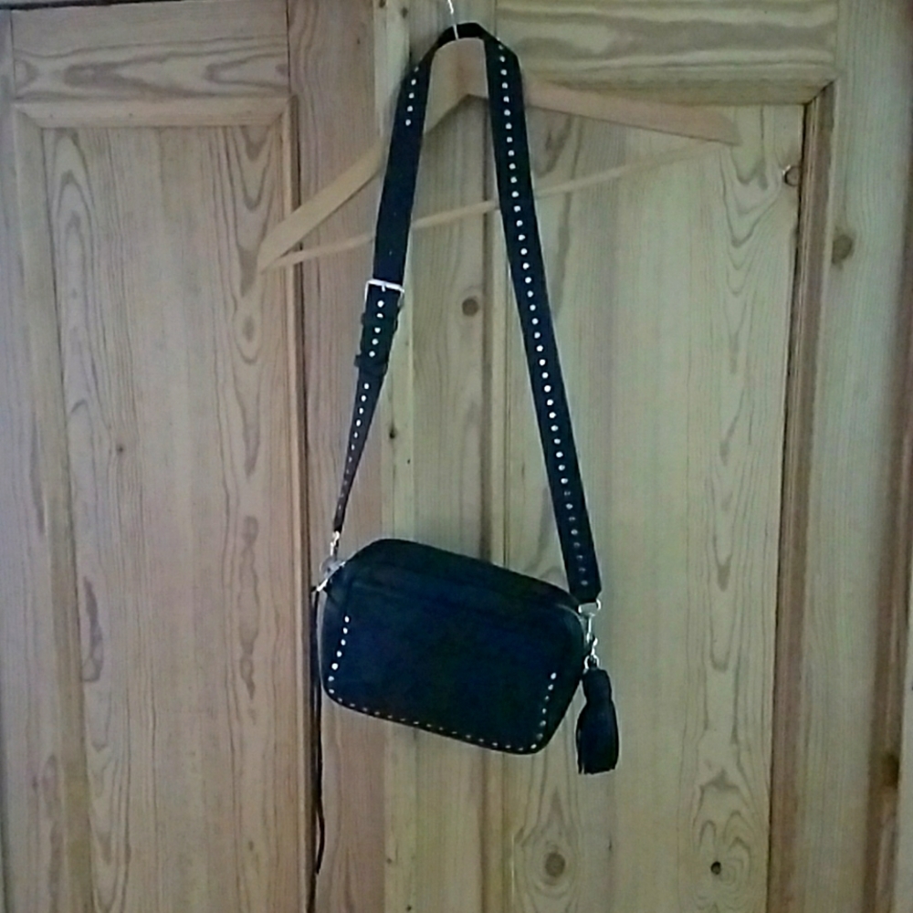 Rebecca Minkoff black studded camera crossbody bag